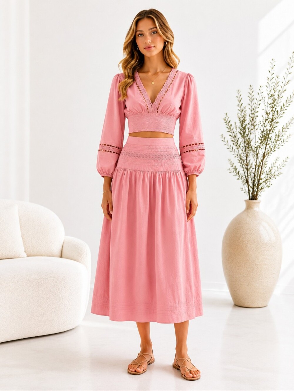 A New Day Pink Two-Piece Set XS | Lace Trim Crop Top & Smocked Midi Skirt | - Picture 1 of 9
